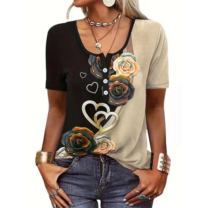 Women’s T-Shirt – Relaxed Fit – Scoop Neck with Buttons – Artistic Floral Design