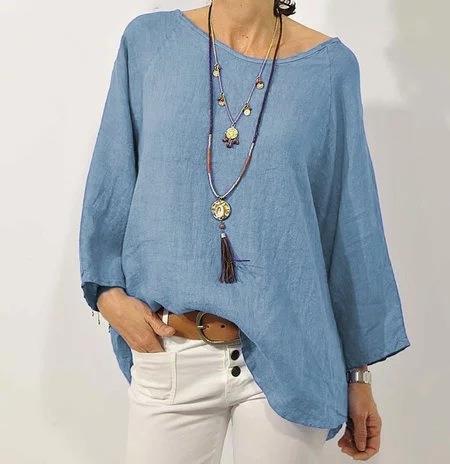 Women’s Top – Cotton Linen Blend – Relaxed Fit – 3/4 Raglan Sleeve – Asymmetrical Hem – Round Neck