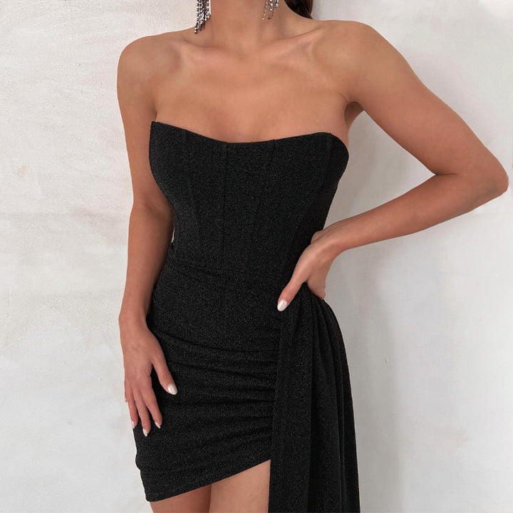 Women’s Strapless Evening Dress - Bodycon Fit - Asymmetrical Hem - Draped Slit Skirt
