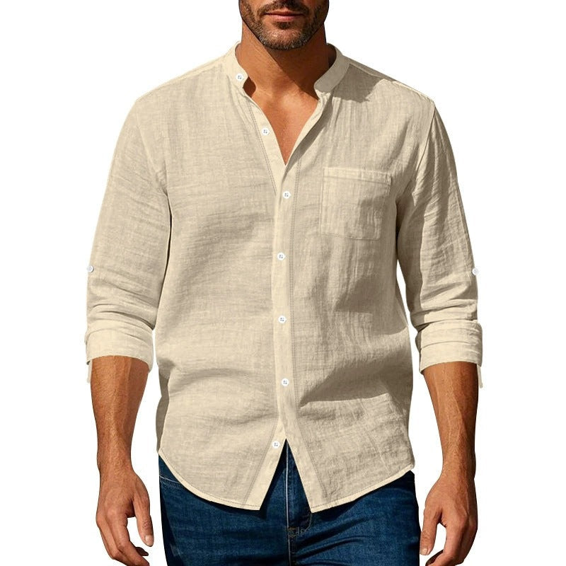 Men’s Long Sleeve Shirt - Relaxed Fit - Linen - Band Collar - Button Tab Sleeves