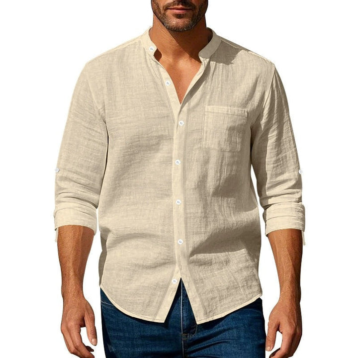 Men’s Long Sleeve Shirt - Relaxed Fit - Linen - Band Collar - Button Tab Sleeves