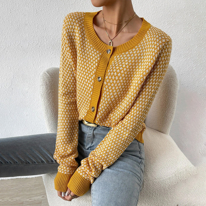 Women’s Cardigan - Wool Blend Knit - Button Front - Geometric Pattern - Ribbed Trim