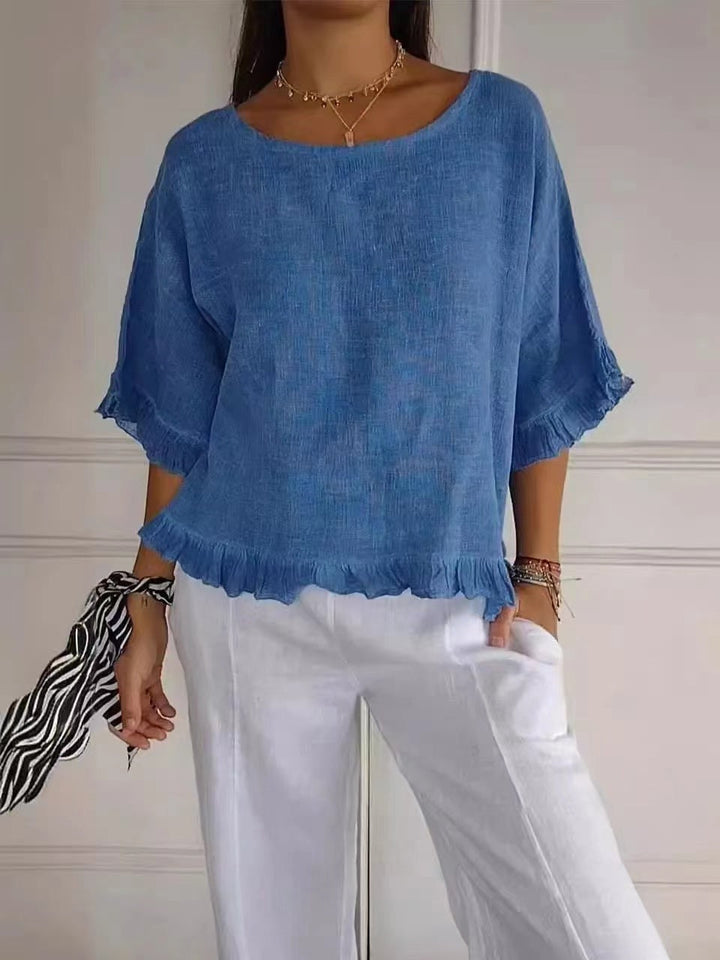 Women’s Blouse – Cotton Linen – Relaxed Fit – Ruffle Hem – Round Neck – Short Sleeve