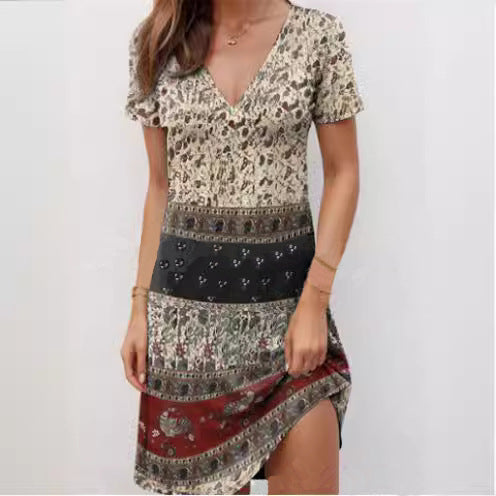 Women’s Mini Dress – Cotton – Relaxed Fit – Deep V-Neck – Boho Patchwork Style