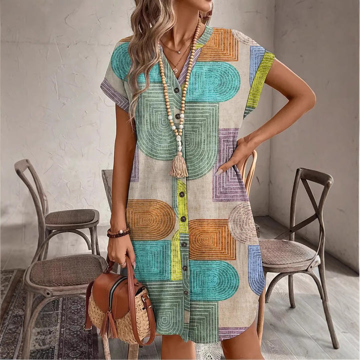 Women’s V-Neck Dress – Relaxed Fit – Button Front – Short Sleeve – Geometric Print