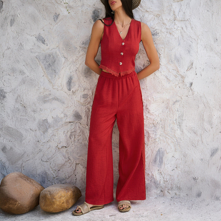 Women’s Vest and Pants Set – Tailored Fit – V-Neck Sleeveless – Lace Trim – Breathable Blend