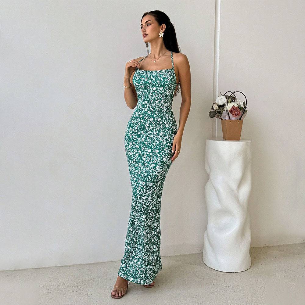 Women’s Maxi Dress – Fitted Silhouette – Square Neckline – Spaghetti Straps – Floral Print