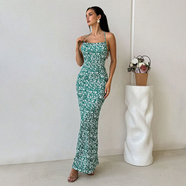 Women’s Maxi Dress – Fitted Silhouette – Square Neckline – Spaghetti Straps – Floral Print