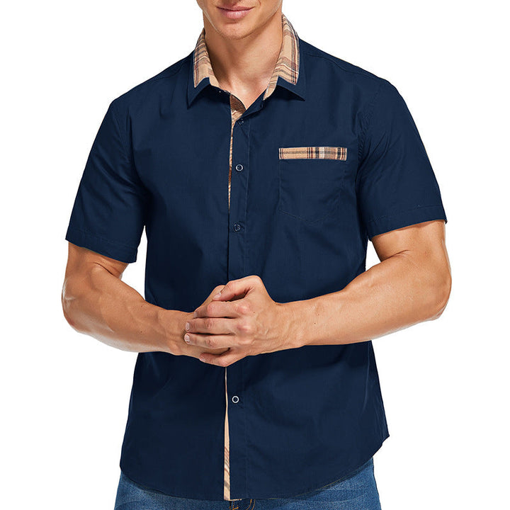 Men’s Short-Sleeve Shirt - Slim Fit - Cotton Blend - Modern Check Trim - Button Front
