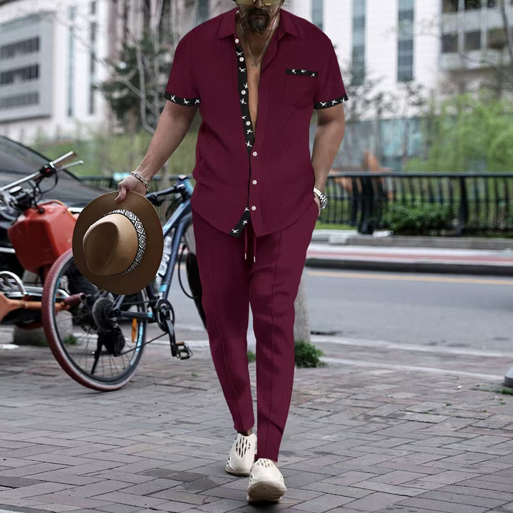 Men’s Two-Piece Set – Cotton – Relaxed Fit – Short Sleeve Shirt & Straight-Leg Pants