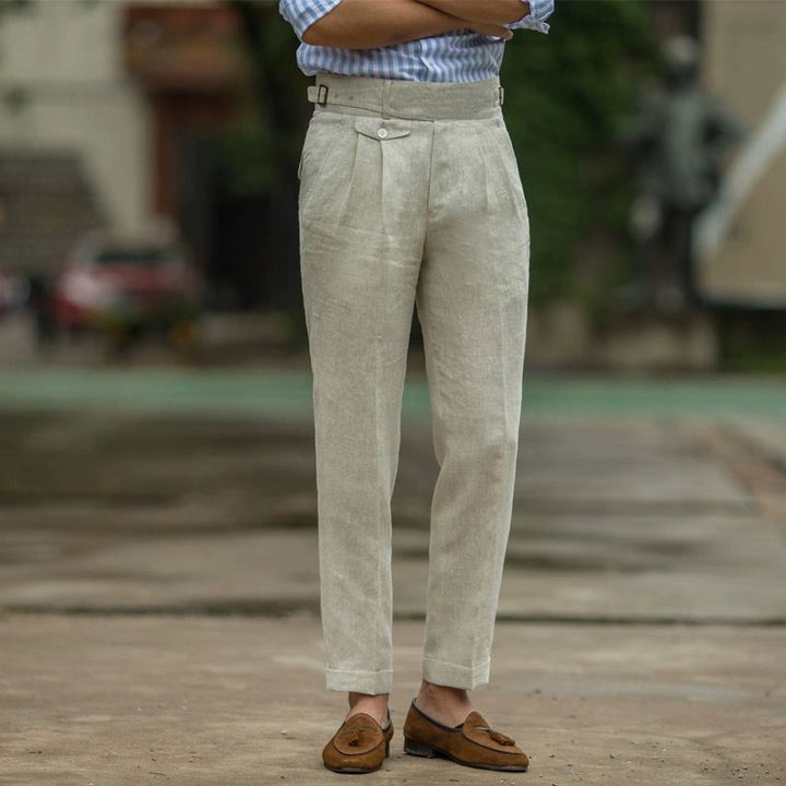 Men’s Tailored Trousers - Slim Fit - High Waist - Linen - Pleated Front - Cuffed Hem