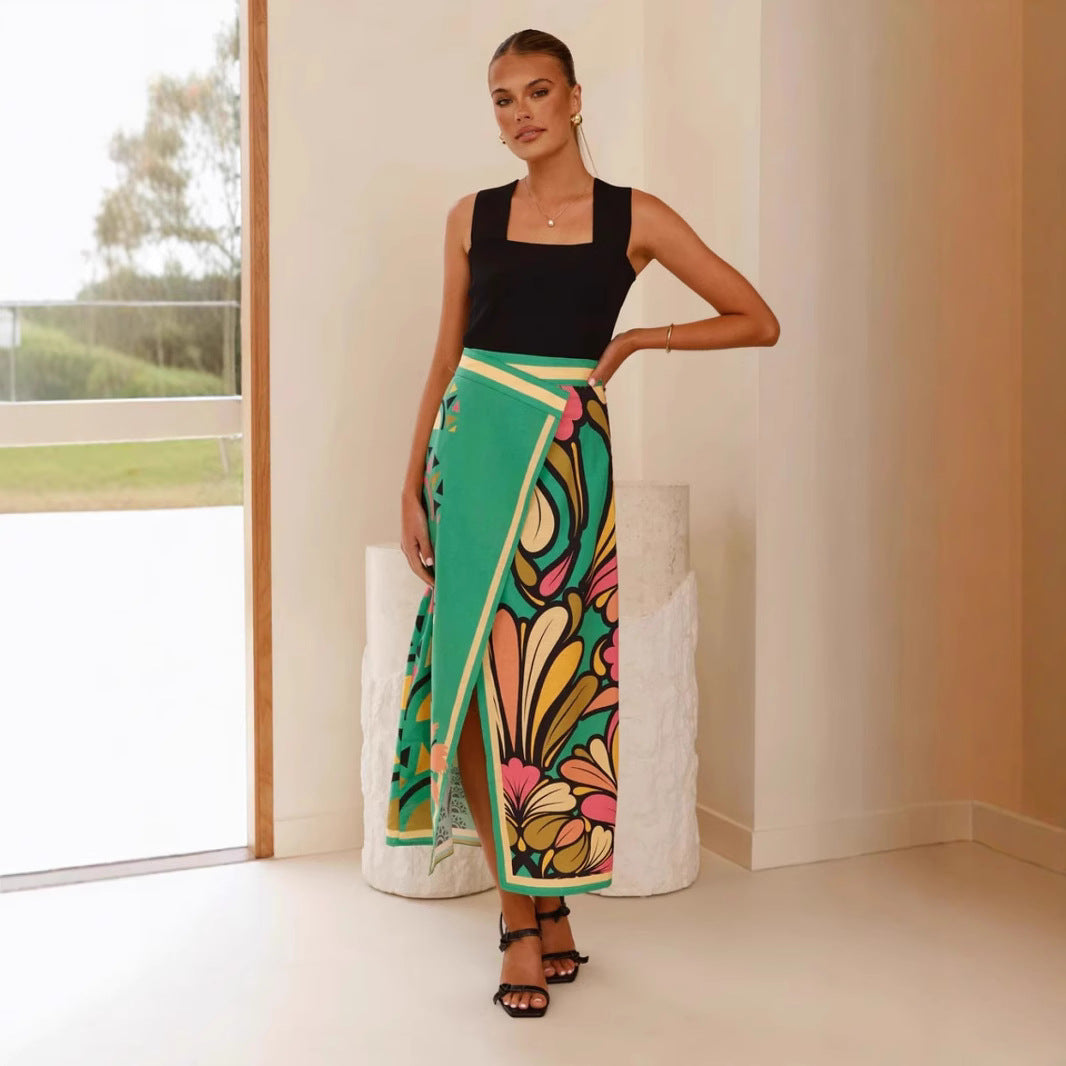 Women’s Midi Skirt - High Waist - Wrap Style - Slim Fit - Front Slit - Abstract Print