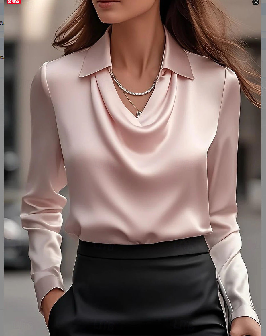 Women's Blouse – Draped Cowl Neck – Satin Touch – Tailored Fit – Long Sleeve