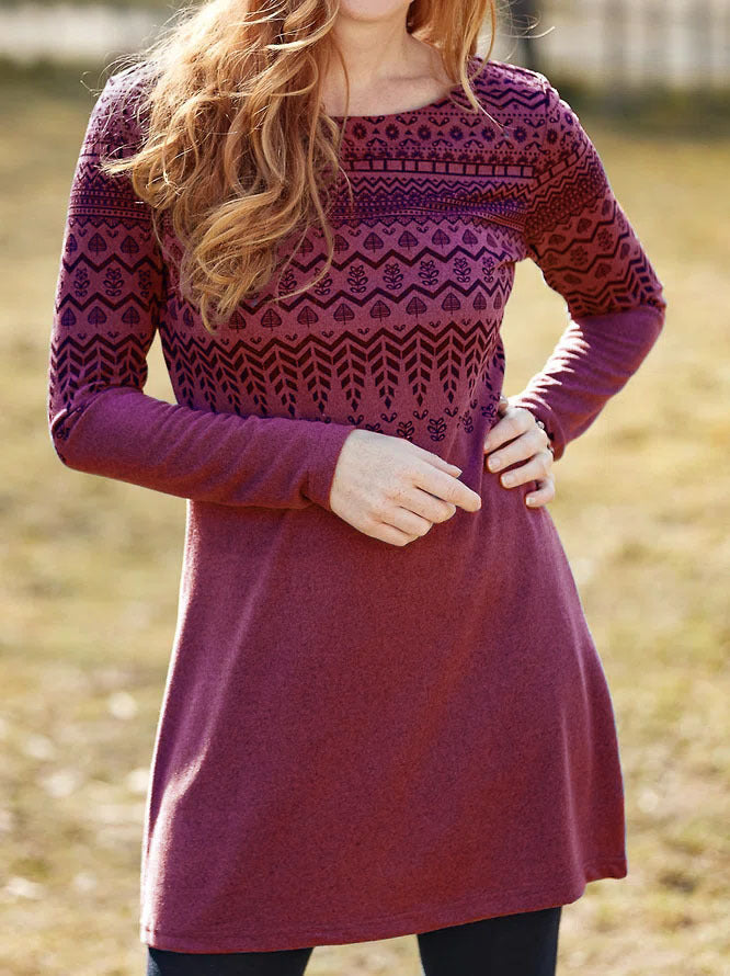 Women’s Long Sleeve Dress – Relaxed Fit – Ethnic Print – Round Neck