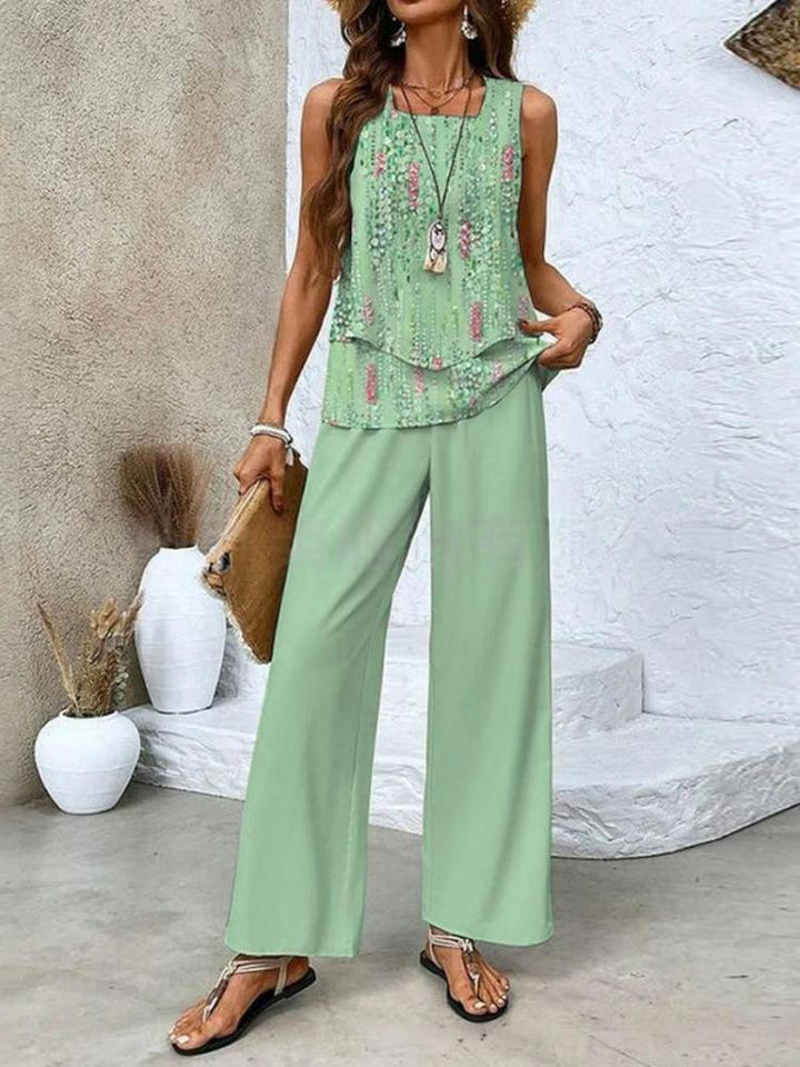 Women's Two-Piece Set - Sleeveless Layered Top - Wide-Leg Trousers