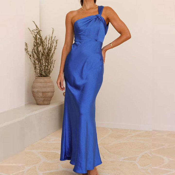 Women’s Evening Gown – One-Shoulder Knot Detail – Slim Fit – Floor-Length Elegant Dress