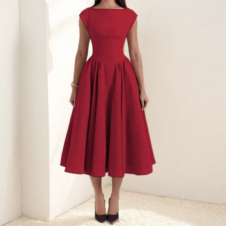 Women’s Midi Dress - Fitted Bodice - Pleated Flared Skirt - Sleeveless High Neckline