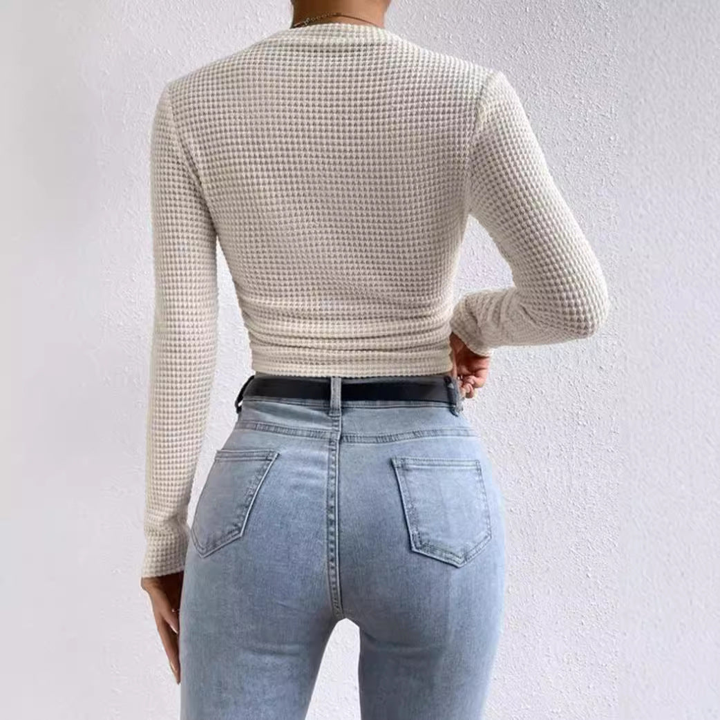 Women’s Long Sleeve Crop Top – Slim Fit – Soft Waffle Knit – Ruched Front Detail