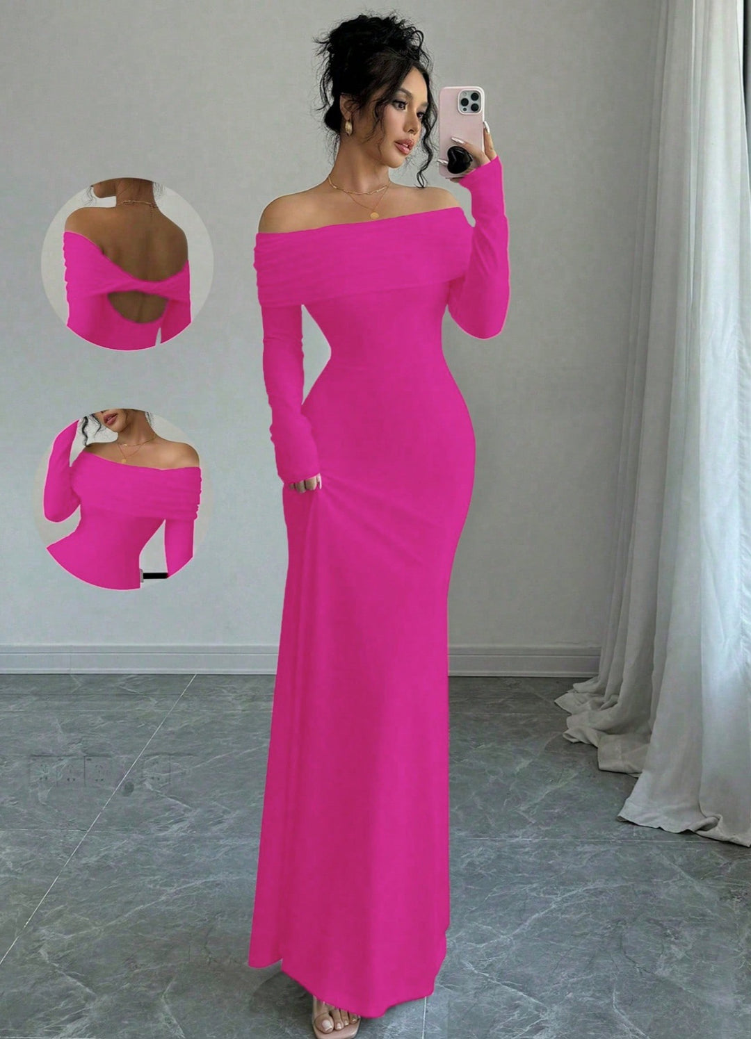 Women's Off-Shoulder Evening Gown - Long Sleeve - Back Twist Knot Elegant Style