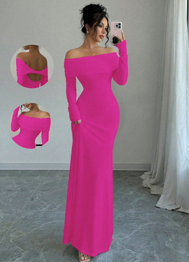 Women's Off-Shoulder Evening Gown - Long Sleeve - Back Twist Knot Elegant Style