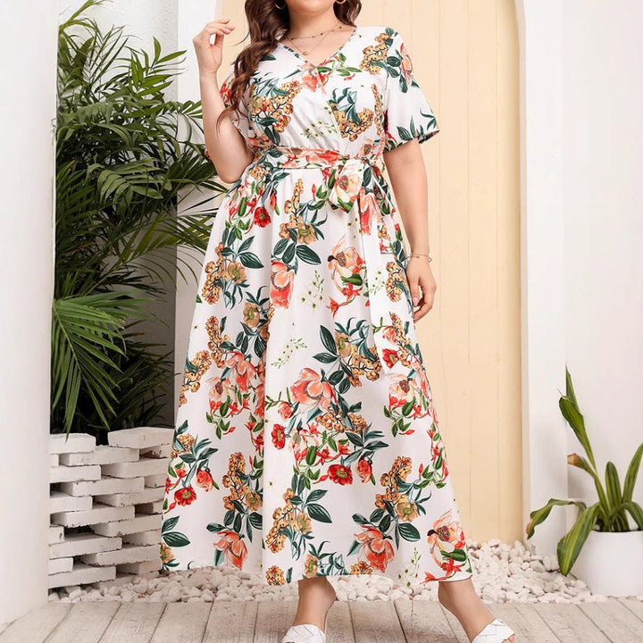 Women's Maxi Dress - V-Neck - Short Sleeve - Floral Print - Adjustable Waist Fit