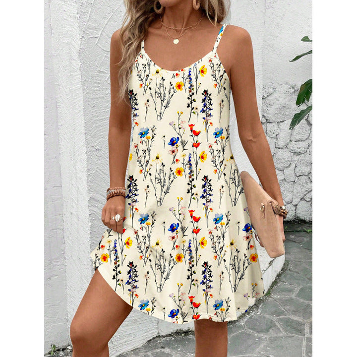 Women’s Casual Dress - Cotton - Adjustable Straps - Floral Print - Above Knee Length