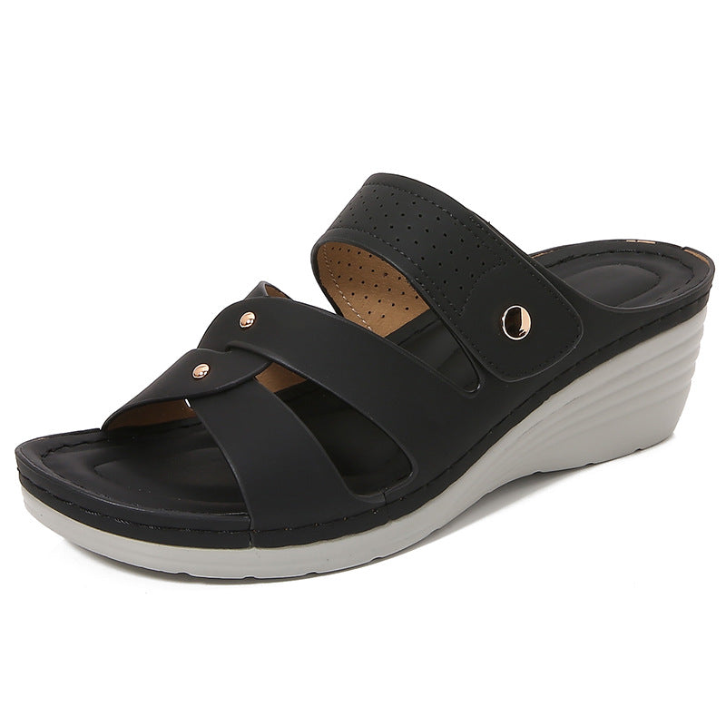 Women's Wedge Sandals – Open Toe – Slip-On Comfort – Rivet Strap – Casual Fit
