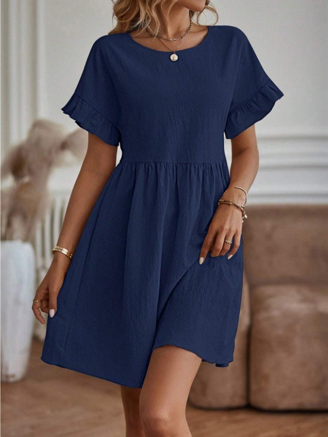 Women’s Short Dress – Lightweight Cotton Blend – Ruffle Sleeve – Round Neck – Above Knee