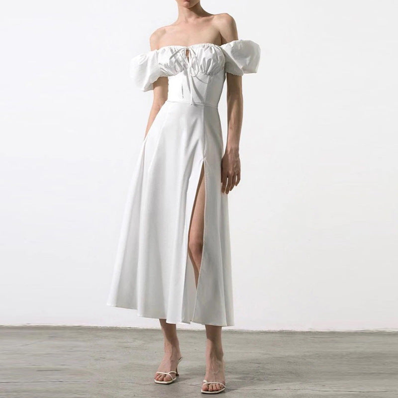 Women’s Off-Shoulder Dress - Puff Sleeve - Fitted Bodice - A-Line Midi with Front Slit