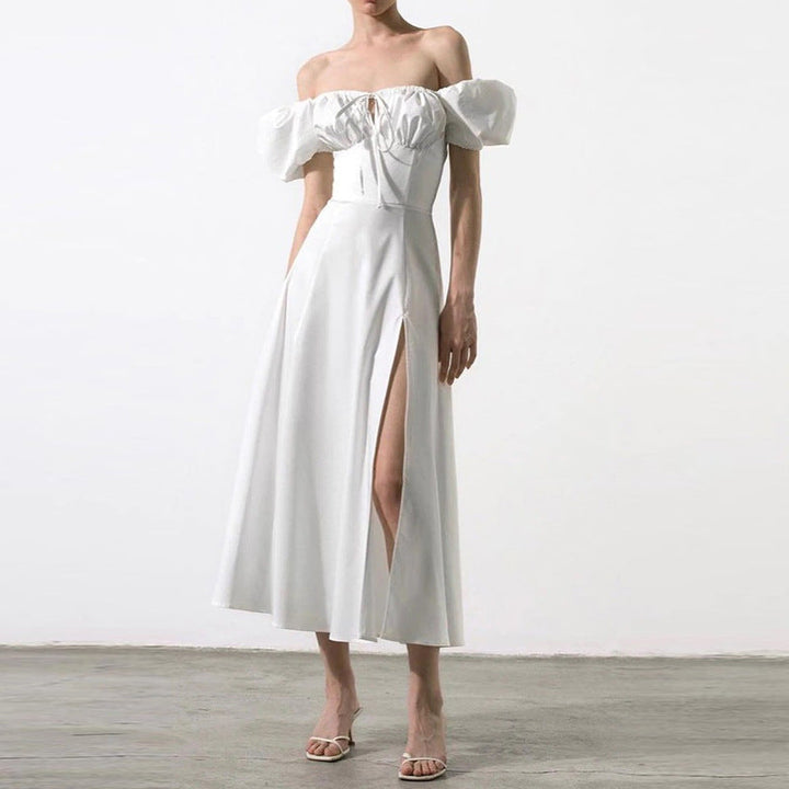 Women’s Off-Shoulder Dress - Puff Sleeve - Fitted Bodice - A-Line Midi with Front Slit