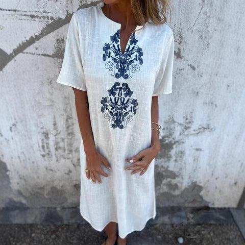 Women’s Midi Dress – Natural Fibers – Relaxed Fit – Embroidered Front – Short Sleeve