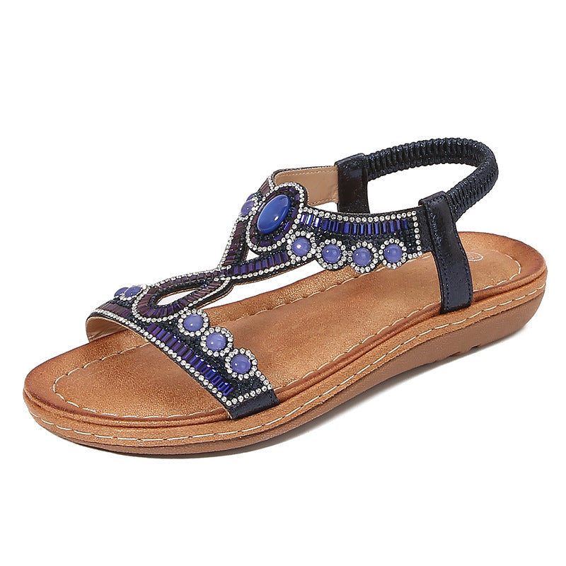 Women’s Sandals – Flat Sole – Cushioned Footbed – Crystal Embellished Thong Strap