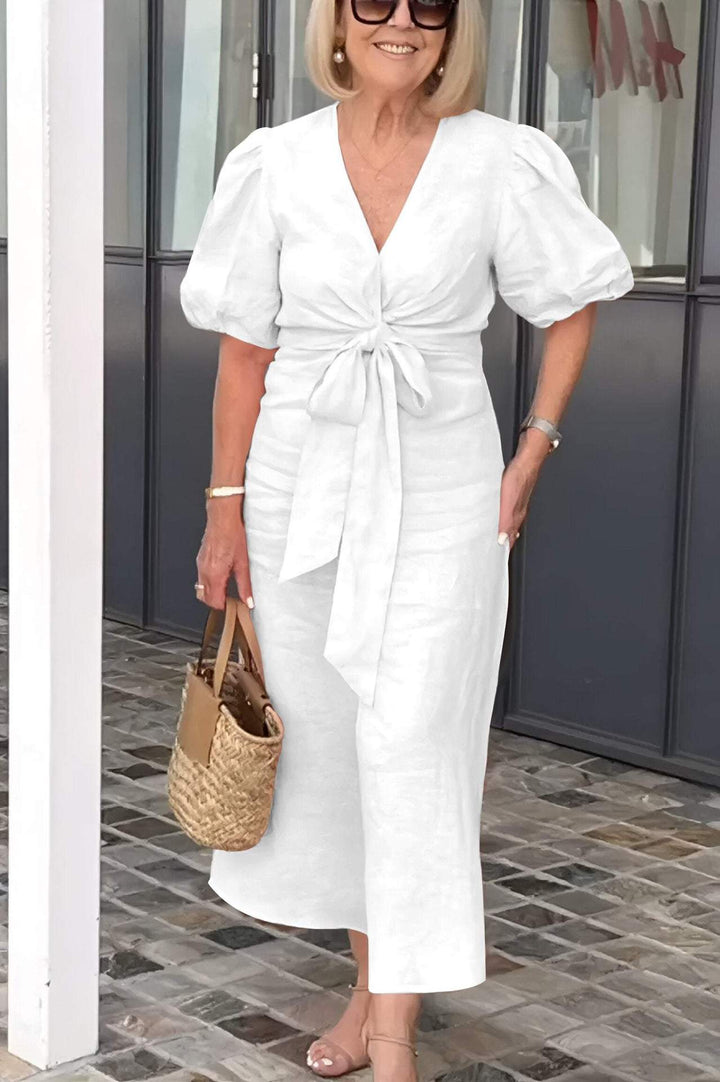 Women’s Midi Dress – Natural Fibers – V-Neck – Tie Waist – Puff Sleeve – Relaxed Fit