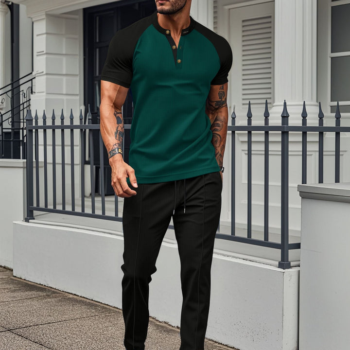 Men’s Two-Piece Set – Short Sleeve Shirt – Slim Fit – Cotton – Button Placket – Casual Wear