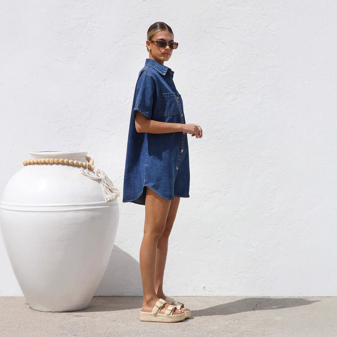 Women’s Shirt Dress – Denim – Relaxed Fit – Short Sleeve – Button-Down – Chest Pockets