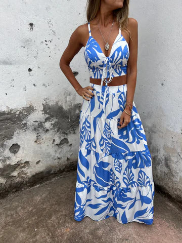 Women’s Two-Piece Set – Tie-Front Crop Top – Flowy Maxi Skirt – Breathable Blend