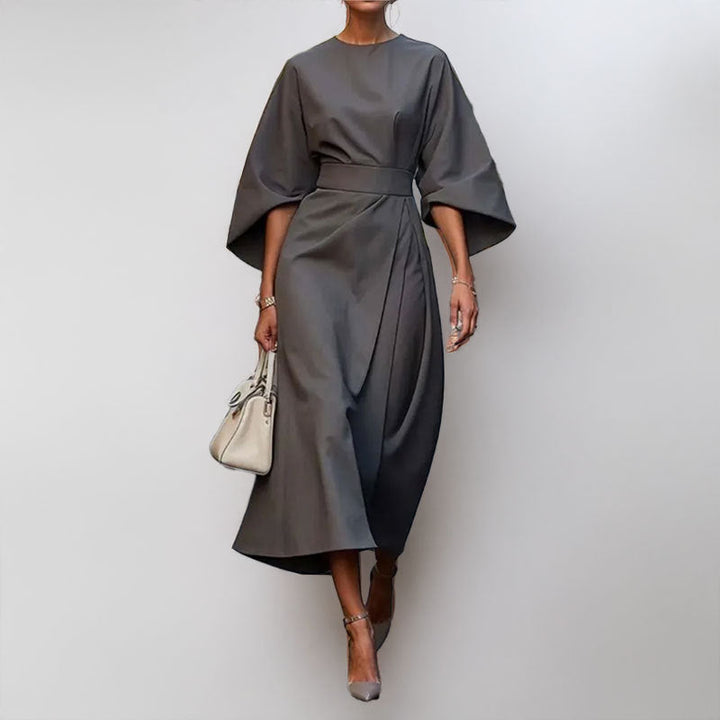 Women's Long Dress – Batwing Sleeve – Cinched Waist – Asymmetrical Draped Fit