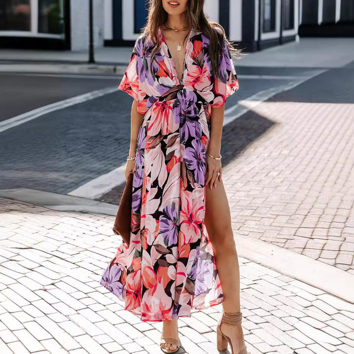 Women's Maxi Dress - Deep V-Neck - Short Sleeve - Tie Waist - Floral Print - Flowy Fit