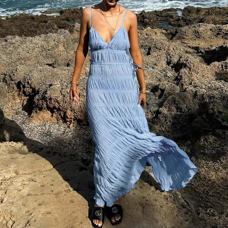 Women’s Maxi Dress – Pleated Fabric – Wrap Waist – Spaghetti Straps – Flowy Fit