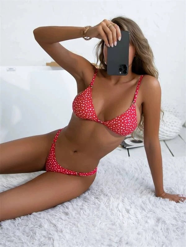 Women’s Triangle Bikini Set – Minimal Coverage – Adjustable Fit – Floral Design – Metal Details