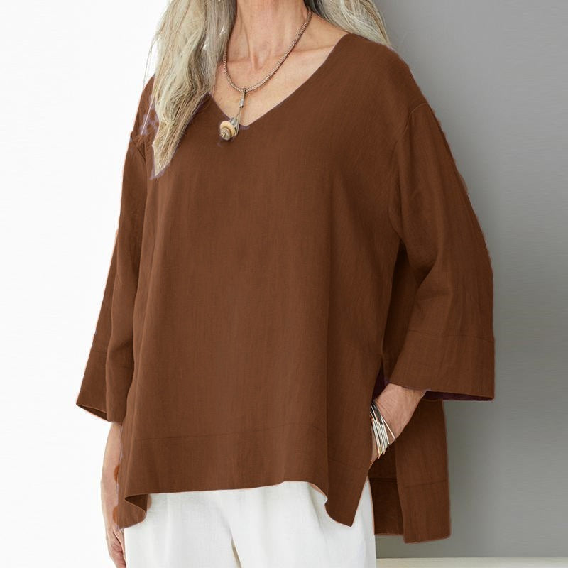 Women’s V-Neck Top – Cotton Linen Blend – Loose Fit – 3/4 Sleeve – Side Slit