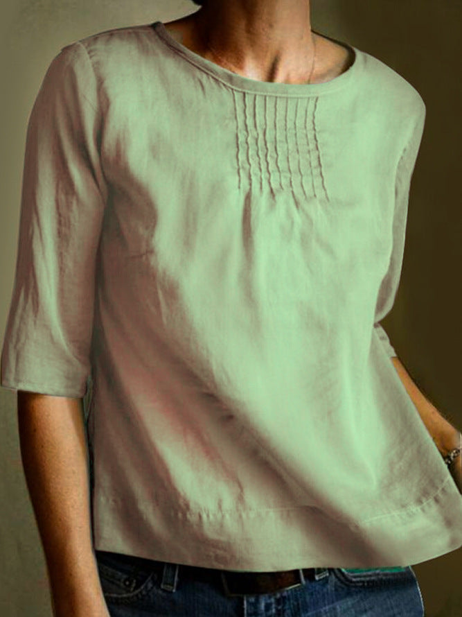 Women’s Blouse – Lightweight Cotton Blend – Relaxed Fit – Pintuck Front – 3/4 Sleeve