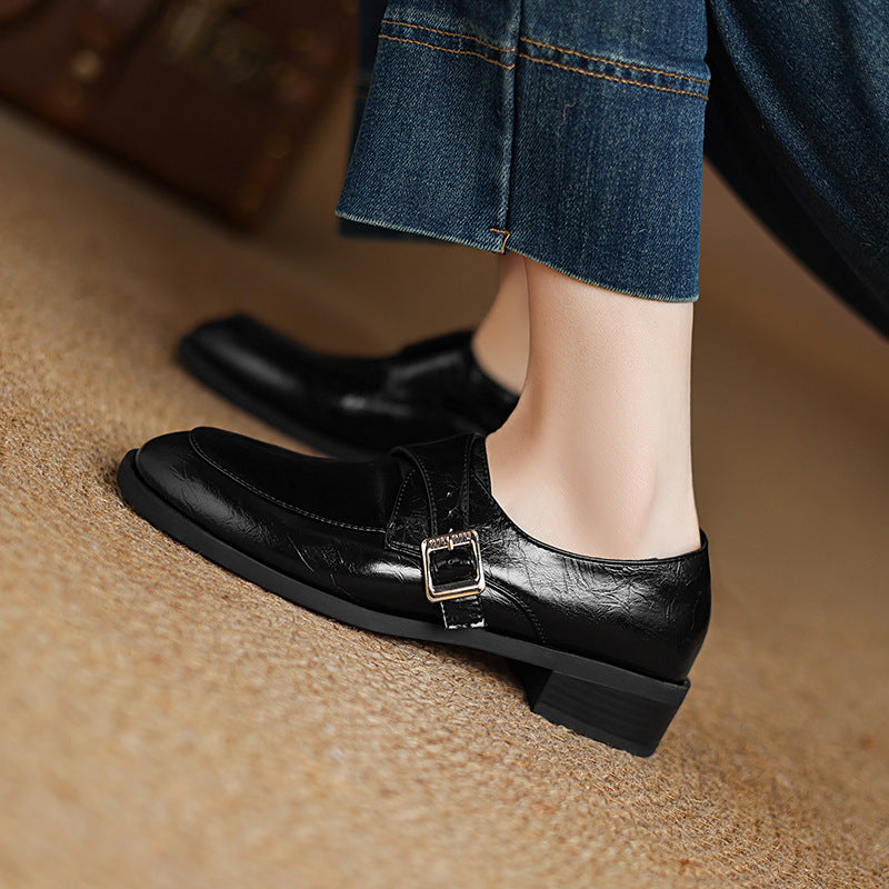 Women’s Loafers - Textured Faux Leather - Buckle Strap - Low Heel - Classic Fit