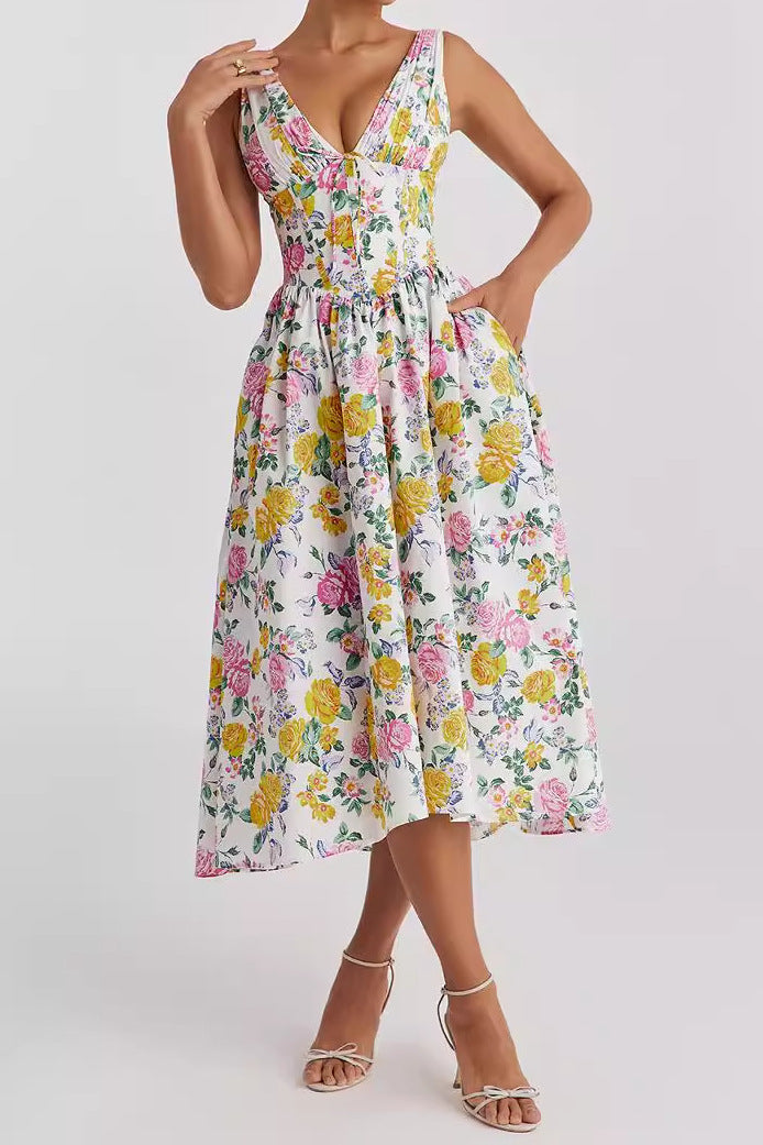 Women’s A-Line Dress – V-Neck – Lightweight Fabric – Midi Length – Floral Print