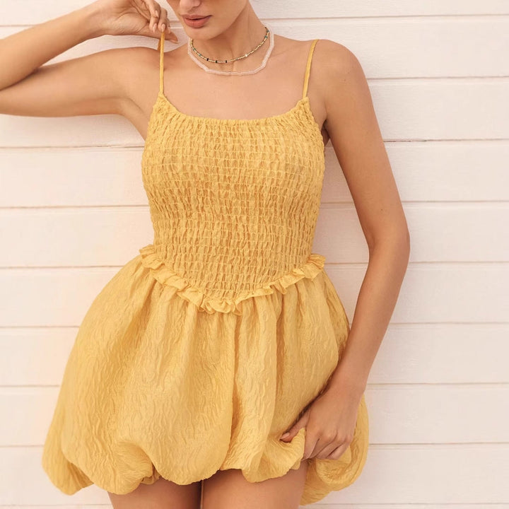 Women’s Balloon Mini Dress - Shirred Bodice - Spaghetti Straps - Textured Lightweight Fabric