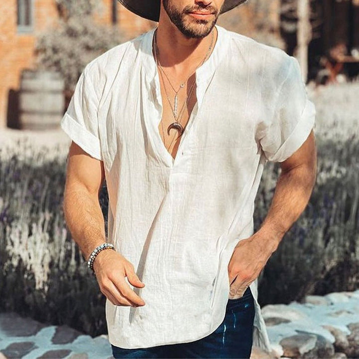 Men’s Casual Shirt – Relaxed Fit – Short Sleeve – V-Neck – Breathable Natural Fibers