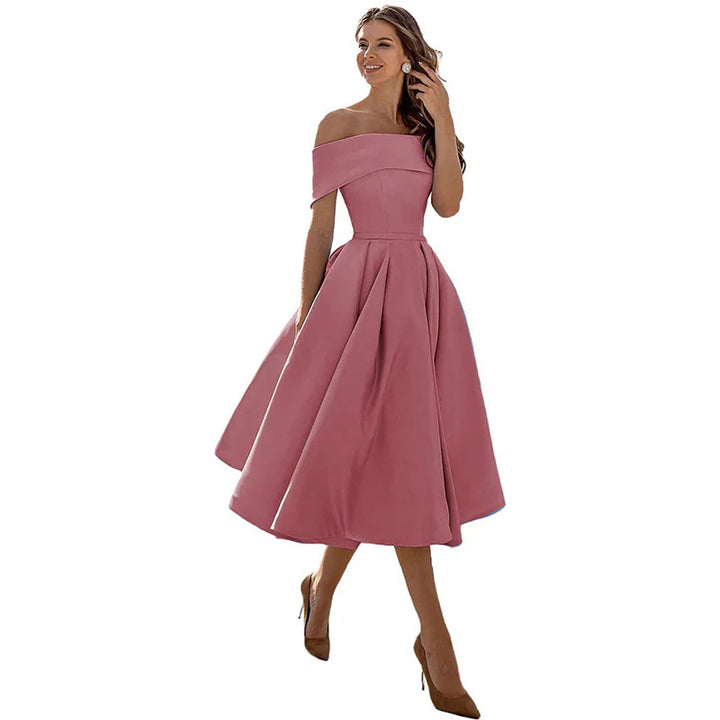 Women's Off-the-Shoulder Midi Dress - Fitted Bodice - Pleated Flared Skirt - Elegant Formal Wear