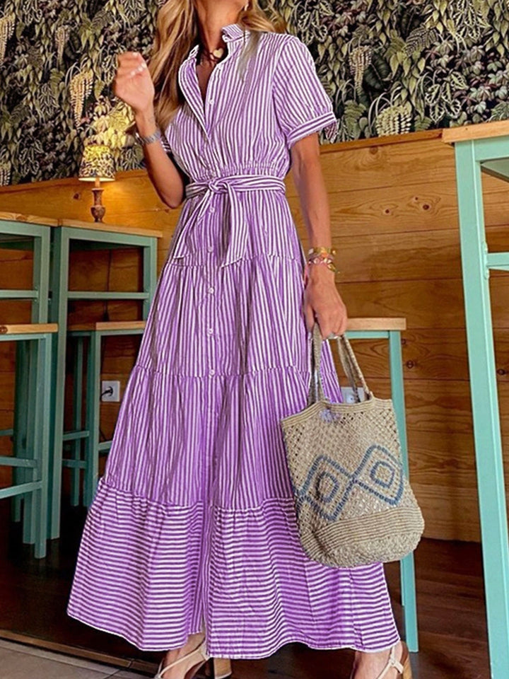 Women’s Midi Dress – Relaxed Fit – Button Front – Belted Waist – Breathable Blend