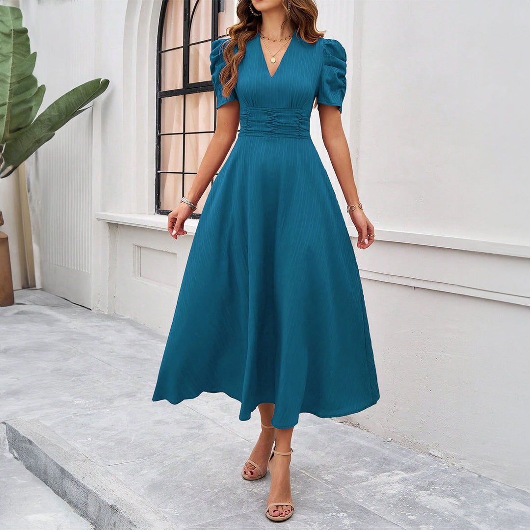 Women’s Midi Dress – V-Neck – Puff Sleeve – Fitted Waist – Flowy Elegant Fit
