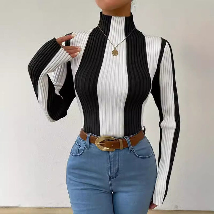 Women’s Knit Top – Slim Fit – Ribbed Texture – Mock Neck – Long Sleeve Stylish Layer
